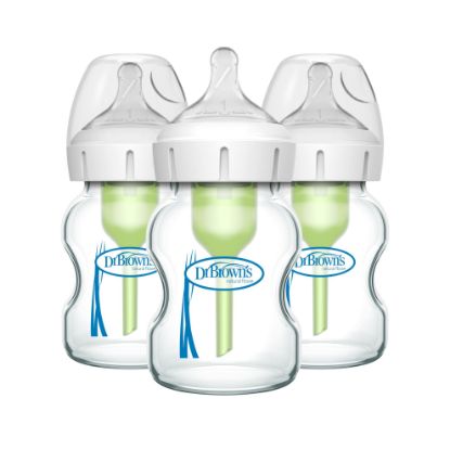 Picture of Dr. Brown's Natural Flow Anti-Colic Options+ Wide-Neck Glass Baby Bottles 5 oz/150 mL, with Level 1 Slow Flow Nipple, 3 Pack, 0m+