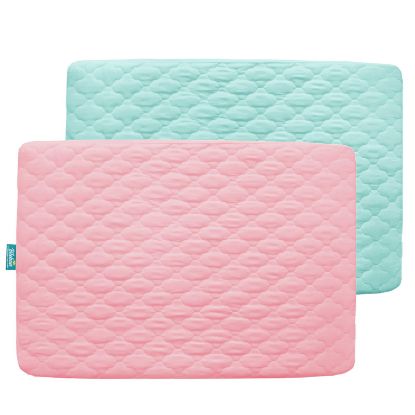 Picture of 2 Pack Pack and Play Mattress Protector Sheets Fitted Waterproof Playard Mattress Pad Cover, Compatible with Graco Pack n Play & Dream On Me & Pamo Babe, Playpen/Playard Sheet, Pink&Aqua, 39" x 27"