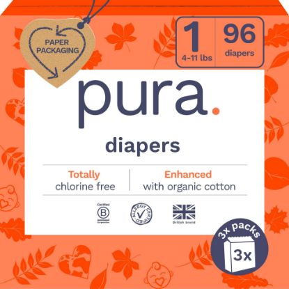 Picture of Pura Hypoallergenic Diapers, Size 1 (4-11lbs), Newborn, Totally Chlorine Free, Wetness Indicator, Suitable for Sensitive Skin, Soft Organic Cotton Comfort, Overnight, 3 Packs of 32 (96 Baby Diapers)