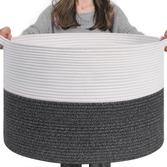 Picture of INDRESSME XXXLarge Cotton Rope Basket 21.7" x 21.7" x 13.8" Woven Baby Laundry Baskets Blanket Basket Toy Baskets with Handle Storage Comforter Cushions Gray Laundry Hamper