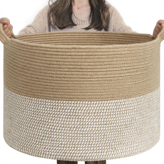 Picture of INDRESSME Extra Large Woven Baskets for Storage, 21.7'' x 13.8'' Wicker Basket with Handle for Blankets, Big Laundry Baskets for Clothes, Pillows, Towel, Shoe Basket for Entryway, 90L White Jute