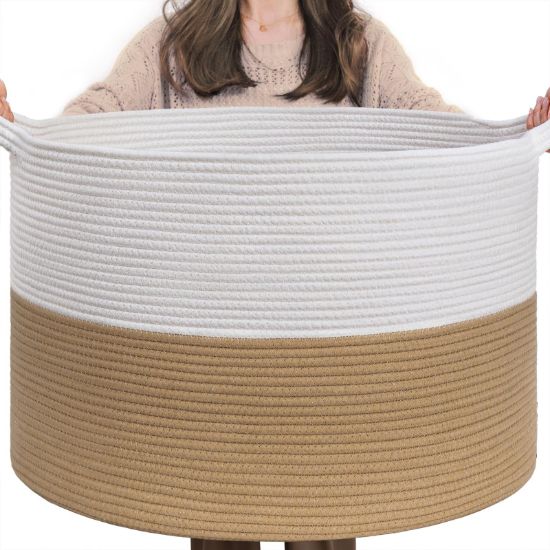 Picture of INDRESSME XXXLarge Jute Rope Basket 21.7" x 21.7" x 13.8" Woven Baby Laundry Baskets for Blankets Toys Storage Basket with Handle Comforter Cushions Storage Bins Thread Laundry Hamper