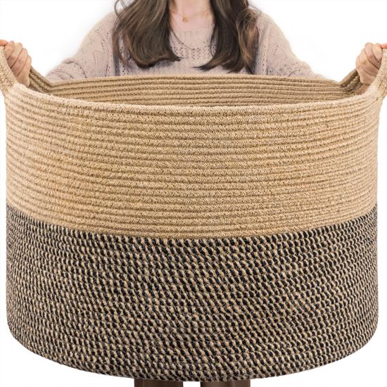 Picture of INDRESSME Extra Large Woven Baskets for Storage, 21.7 x 13.8 Blanket Basket Living Room Wicker Storage Basket for Organizing Woven Laundry Baskets for Toy Pillow Shoe, Entryway, Black Jute