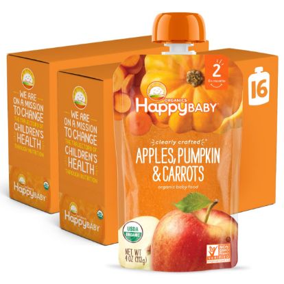 Picture of Happy Baby Organics Stage 2 Baby Food Pouches, Gluten Free, Vegan & Healthy Snack, Clearly Crafted Fruit & Veggie Puree, Apples, Pumpkin & Carrots, 4 Ounces (Pack of 16)