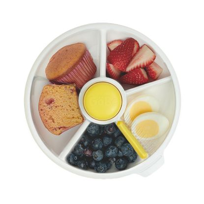 Picture of GoBe Kids Large Snack Spinner Slide Bundle with Hand Strap and Sticker Sheet - Reusable Snack Container with 4 Compartment Dispenser and Lid | BPA/PVC Free | Dishwasher Safe | No Spill - Lemon Yellow