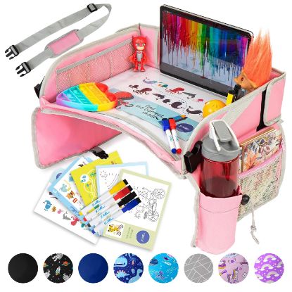 Picture of PILLANI Kids Travel Tray for Car - Car Seat Tray for Kids Travel, Road Trip Essentials, Carseat Table for Roadtrip Activities - Must Have Toddler Lap Desk Organizer for Airplane - Car Accessories