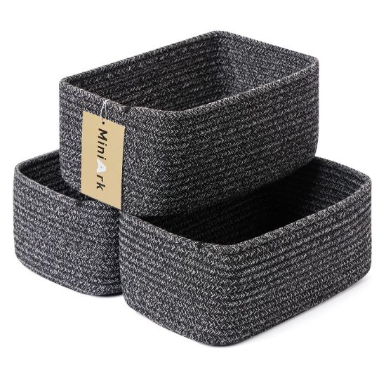 Picture of MiniArk Shelf Storage Baskets for Organizing | Closet Organizer Bins | Small Toy Basket | Woven Rope Baskets | Cube Decorative Box | Shallow Basket | 11.5x7.5x4.7” | 3 Packs Dark Gray