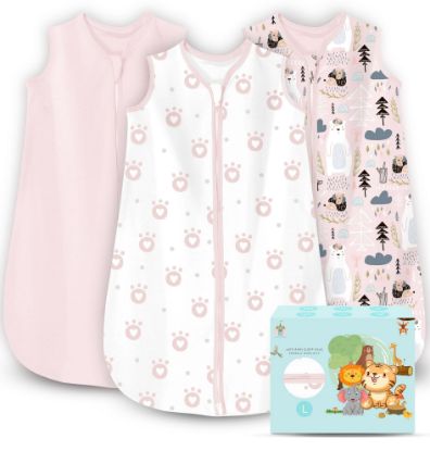 Picture of Cute Castle Baby Sleep Sack 12-18 Months - Lightweight 100% Cotton 2-Way Zipper TOG 0.5 Infant Wearable Blanket, Newborn Essentials Toddler Sleep Clothes, 3 Pack(Pink, Bear, Bear Claw)