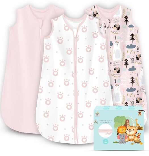 Picture of Cute Castle Baby Sleep Sack 12-18 Months - Lightweight 100% Cotton 2-Way Zipper TOG 0.5 Infant Wearable Blanket, Newborn Essentials Toddler Sleep Clothes, 3 Pack(Pink, Bear, Bear Claw)