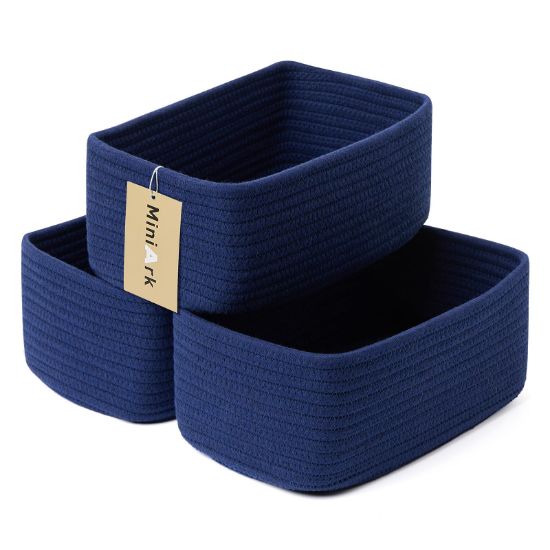 Picture of MiniArk Small Storage Baskets for Organizing | Closet Organizer Bins | Shelf Toy Basket | Woven Rope Baskets | Cube Decorative Box | Shallow Basket | 11.5x7.5x4.7” | 3 Packs Navy Blue