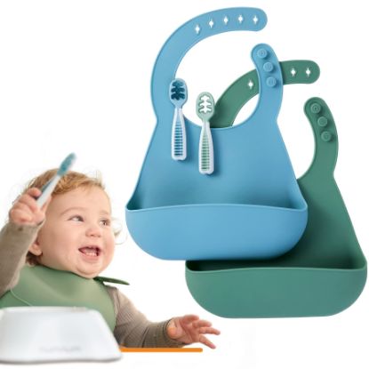 Picture of Numnum Silicone Bib for Babies & Toddlers | Waterproof, Soft, BPA Free 100% Food Grade Silicone | Self Feeding, Adjustable Fit, Unisex (2 Bibs & 2 Spoons)