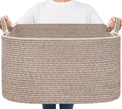 Picture of Goodpick Large Woven Storage Basket, 21.6" x 14.9" x 11.8" Blanket Basket for Living Room, Bedroom, Rectangle Rope Storage Organizer for Clothes, Toys, Brown
