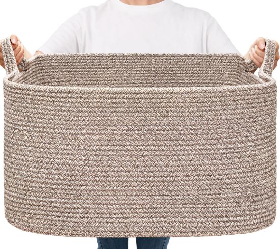 Picture of Goodpick Large Woven Storage Basket, 21.6" x 14.9" x 11.8" Blanket Basket for Living Room, Bedroom, Rectangle Rope Storage Organizer for Clothes, Toys, Brown