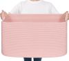Picture of Goodpick Large Blanket Basket, Woven Baskets for Storage, Large Baskets for Organizing, Toy Basket for Nursery, Bedroom, Rectangle Storage Basket with Handles, 21.6" x 14.9" x 11.8", Pink
