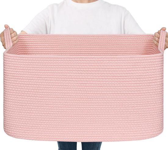 Picture of Goodpick Large Blanket Basket, Woven Baskets for Storage, Large Baskets for Organizing, Toy Basket for Nursery, Bedroom, Rectangle Storage Basket with Handles, 21.6" x 14.9" x 11.8", Pink