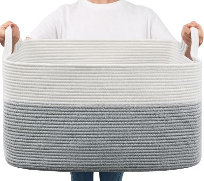 Picture of Goodpick Large Toy Storage Basket, Grey Cotton Rope Basket Toy Storage Bin for Baby, Kids, Woven Storage Basket with Handle for Laundry, Living Room, Nursery, Bedroom, 21.6" x 14.9" x 11.8"