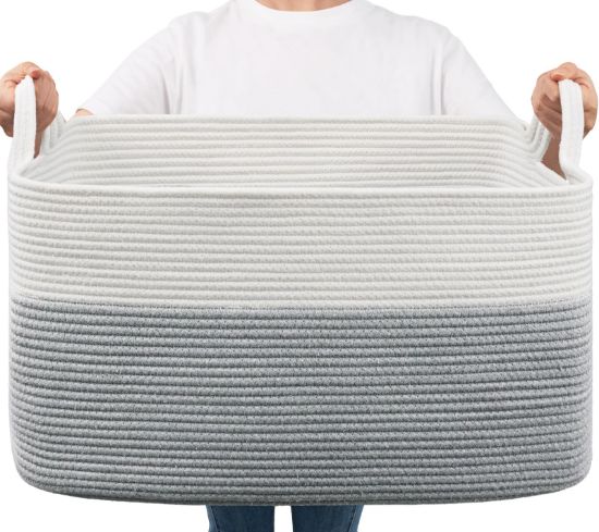 Picture of Goodpick Large Toy Storage Basket, Grey Cotton Rope Basket Toy Storage Bin for Baby, Kids, Woven Storage Basket with Handle for Laundry, Living Room, Nursery, Bedroom, 21.6" x 14.9" x 11.8"