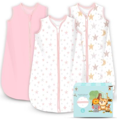Picture of Cute Castle Baby Sleep Sack 12-18 Months - Lightweight 100% Cotton 2-Way Zipper TOG 0.5 Infant Wearable Blanket, Newborn Essentials Toddler Sleep Clothes, 3 Pack(Pink, Moon, Stars)