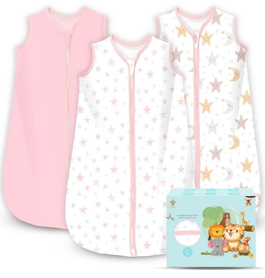 Picture of Cute Castle Baby Sleep Sack 12-18 Months - Lightweight 100% Cotton 2-Way Zipper TOG 0.5 Infant Wearable Blanket, Newborn Essentials Toddler Sleep Clothes, 3 Pack(Pink, Moon, Stars)