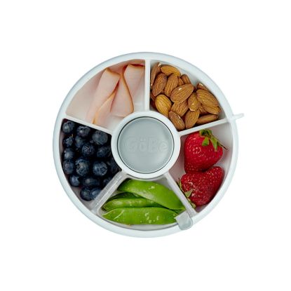 Picture of GoBe Kids Small Snack Spinner Flip Bundle with Hand Strap and Sticker Sheet - Reusable Snack Container with 5 Compartment Dispenser and Lid | BPA/PVC Free | Dishwasher Safe | No Spill- GoBe Grey
