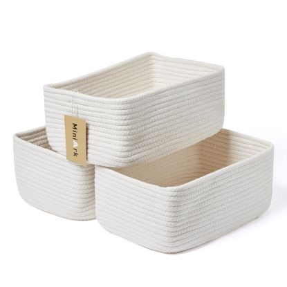 Picture of MiniArk Shelf Storage Baskets for Organizing | Closet Organizer Bins | Small Toy Basket | Woven Rope Baskets | Cube Decorative Box | Shallow Basket | 11.5x7.5x4.7” | 3 Packs Off White