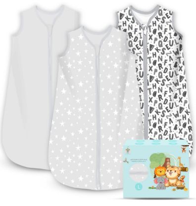 Picture of Cute Castle Baby Sleep Sack 12-18 Months - Lightweight 100% Cotton 2-Way Zipper TOG 0.5 Infant Wearable Blanket, Newborn Essentials Toddler Sleep Clothes, 3 Pack(Gray, Letters, Stars)