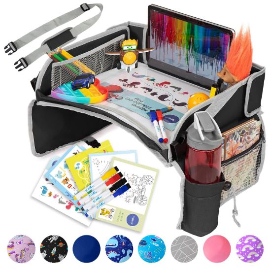 Picture of PILLANI Kids Travel Tray for Car - Car Seat Tray for Kids Travel, Road Trip Essentials, Carseat Table for Roadtrip Activities - Must Have Toddler Lap Desk Organizer for Airplane - Car Accessories