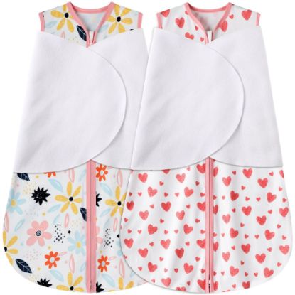 Picture of BSTOPPT Newborn Sleep Sack Baby Swaddle,0-3 Months,3-Way Adjustable Wearable Blanket,100% Rayon Cotton Swaddling sleeping bag，TOG 0.5（Heart&Floral）