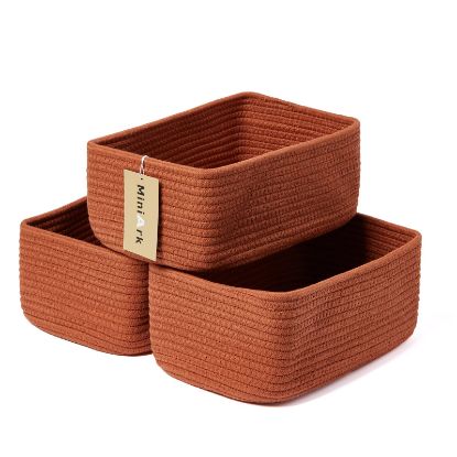 Picture of MiniArk Shelf Storage Baskets for Organizing | Closet Organizer Bins | Small Toy Basket | Woven Rope Baskets | Cube Decorative Box | Shallow Basket | 11.5x7.5x4.7” | 3 Packs Oxide Red