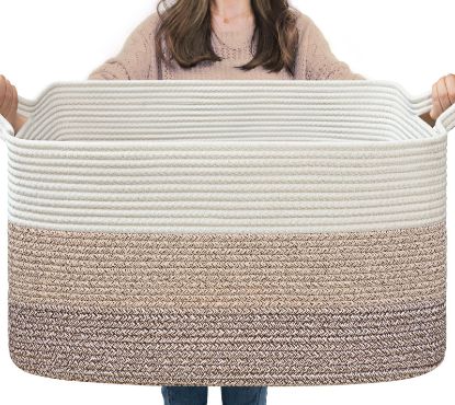 Picture of Goodpick Large Woven Storage Basket, 21.6" x 14.9" x 11.8" Rectangle Rope Baskets for Toy Storage, Blanket Basket for Living Room, Bedroom, Light Brown