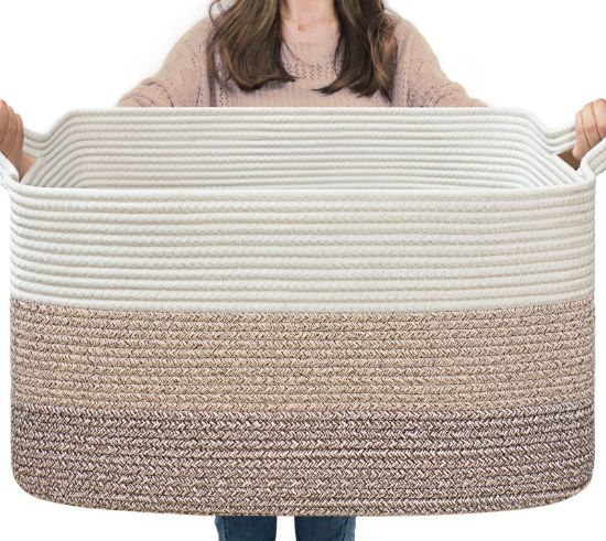 Picture of Goodpick Large Woven Storage Basket, 21.6" x 14.9" x 11.8" Rectangle Rope Baskets for Toy Storage, Blanket Basket for Living Room, Bedroom, Light Brown