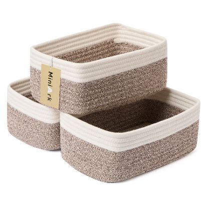 Picture of MiniArk Shelf Storage Baskets for Organizing | Closet Organizer Bins | Small Toy Basket | Woven Rope Baskets | Cube Decorative Box | Shallow Basket | 11.5x7.5x4.7” | 3 Packs White Brown
