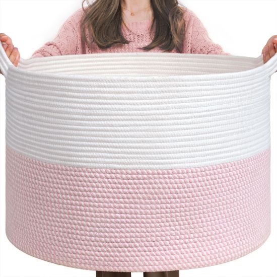 Picture of INDRESSME XXXLarge Storage Basket with Handle, Pink Laundry Basket for Nursery Stuffed Animal Storage, Baby Baskets Kids Toy Organizer, 21.7" x 21.7" x 13.8", Pink