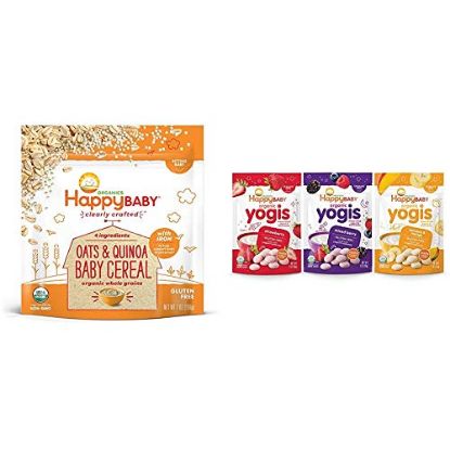 Picture of Happy Baby Organic Clearly Crafted Cereal Whole Grains Oats & Quinoa, 7 Ounce Bags (6 Count) & Happy Baby Organic Yogis Freeze-Dried Yogurt & Fruit Snacks, 3 Flavor Variety Pack,1 Ounce