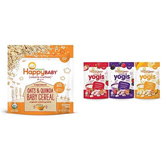 Picture of Happy Baby Organic Clearly Crafted Cereal Whole Grains Oats & Quinoa, 7 Ounce Bags (6 Count) & Happy Baby Organic Yogis Freeze-Dried Yogurt & Fruit Snacks, 3 Flavor Variety Pack,1 Ounce
