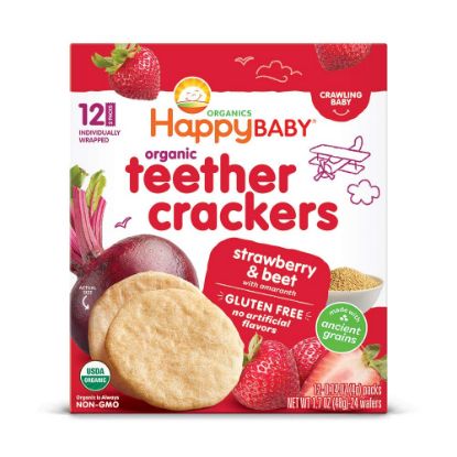 Picture of Happy Baby Organics Baby Snacks, Gentle Teething Crackers, Gluten Free & Vegan, Strawberry & Beet, 12 Count (Pack of 6)