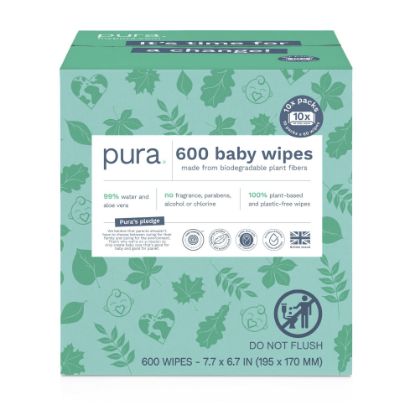 Picture of Pura Natural Sensitive Baby Wipes, 99% Water, Unscented & Hypoallergenic, Suitable for Sensitive & Eczema-prone Skin, Hypoallergenic, EWG Verified, 10 Pack of 60 Wet Wipes (600 Diaper Wipes) Bulk Buy
