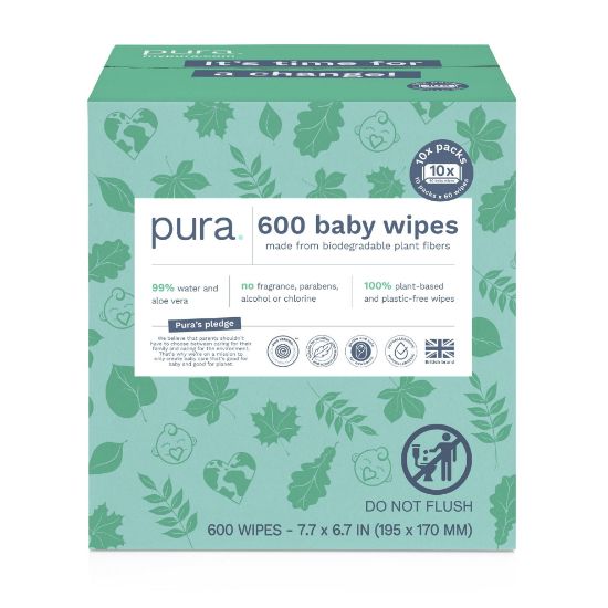 Picture of Pura Natural Sensitive Baby Wipes, 99% Water, Unscented & Hypoallergenic, Suitable for Sensitive & Eczema-prone Skin, Hypoallergenic, EWG Verified, 10 Pack of 60 Wet Wipes (600 Diaper Wipes) Bulk Buy
