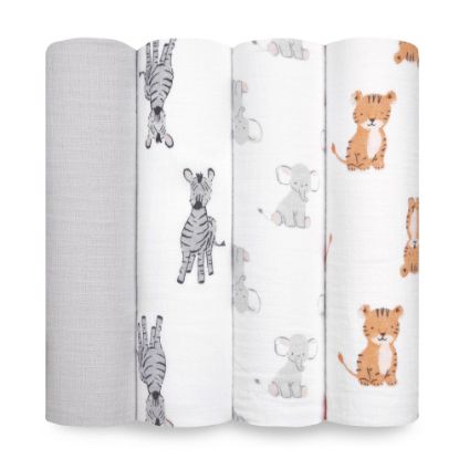 Picture of aden + anais Essentials Muslin Swaddle Blankets for Baby Girls and Boys, Newborn Receiving Blanket for Swaddling, 100% Cotton Baby Swaddle Wrap, 4 Pack, Safari Babes