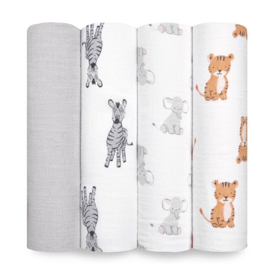 Picture of aden + anais Essentials Muslin Swaddle Blankets for Baby Girls and Boys, Newborn Receiving Blanket for Swaddling, 100% Cotton Baby Swaddle Wrap, 4 Pack, Safari Babes