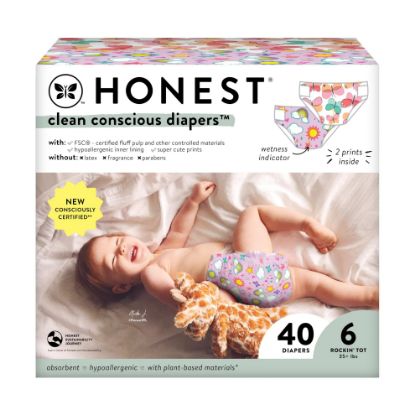 Picture of The Honest Company Clean Conscious Diapers for Sensitive Skin | Hypoallergenic, Fragrance Free | Girl Prints | Club Box, Size 6 (35+ lbs), 40 Count