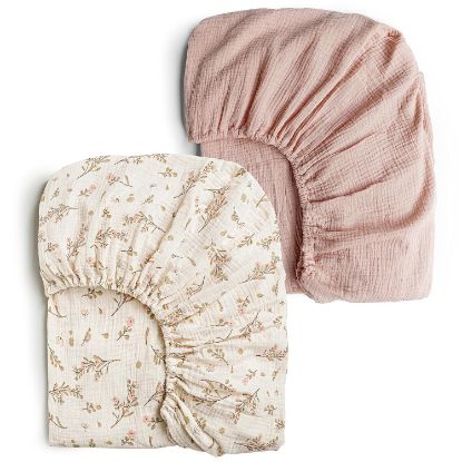 Picture of Konssy Muslin Crib Sheets for Girl Boy, 2 PCS Soft and Breathable Cotton Baby Sheets for Standard Crib Mattress, 52"x 28" (Floral, Pink)