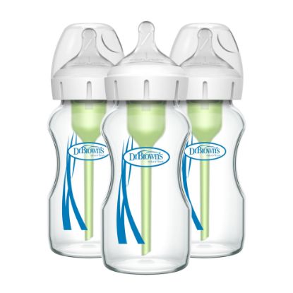 Picture of Dr. Brown's Natural Flow Anti-Colic Options+ Wide-Neck Glass Baby Bottles 9 oz/270 mL, with Level 1 Slow Flow Nipple, 3 Pack, 0m+