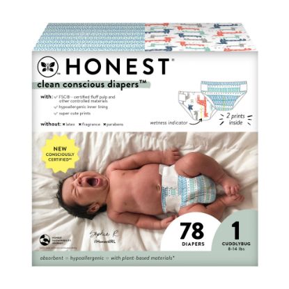 Picture of The Honest Company Clean Conscious Diapers for Sensitive Skin | Hypoallergenic, Fragrance Free | Gender Neutral Prints | Club Box, Size 1 (8-14 lbs), 78 Count