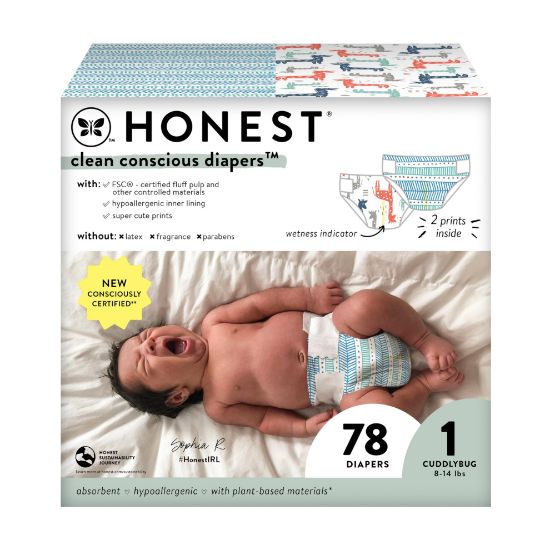 Picture of The Honest Company Clean Conscious Diapers for Sensitive Skin | Hypoallergenic, Fragrance Free | Gender Neutral Prints | Club Box, Size 1 (8-14 lbs), 78 Count