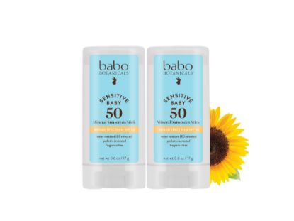 Picture of Babo Botanicals Sensitive Baby Mineral Sunscreen Stick SPF 50 - 70% Organic Ingredients - Zinc Oxide - NSF & MADE SAFE and EWG Certified - Water Resistant - Fragrance-Free - Babies & Kids - 2-Pack