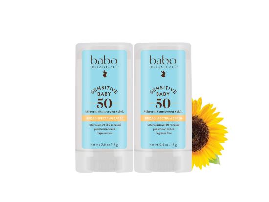 Picture of Babo Botanicals Sensitive Baby Mineral Sunscreen Stick SPF 50 - 70% Organic Ingredients - Zinc Oxide - NSF & MADE SAFE and EWG Certified - Water Resistant - Fragrance-Free - Babies & Kids - 2-Pack