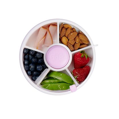 Picture of GoBe Kids Small Snack Spinner Flip Bundle with Hand Strap and Sticker Sheet - Reusable Snack Container with 5 Compartment Dispenser and Lid | BPA/PVC Free | Dishwasher Safe | No Spill - Taro Purple