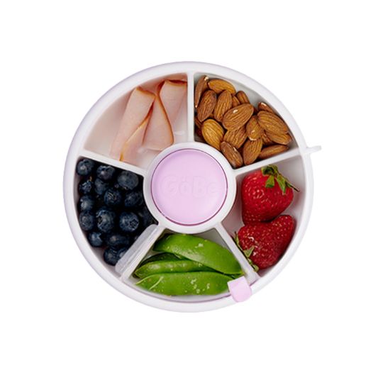 Picture of GoBe Kids Small Snack Spinner Flip Bundle with Hand Strap and Sticker Sheet - Reusable Snack Container with 5 Compartment Dispenser and Lid | BPA/PVC Free | Dishwasher Safe | No Spill - Taro Purple