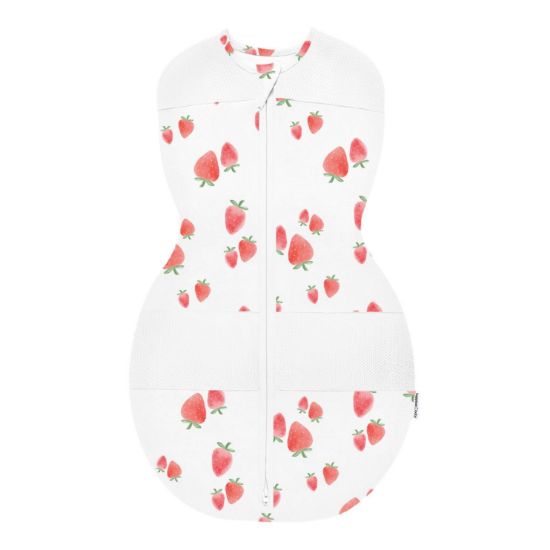Picture of Happiest Baby Sleepea 5-Second Swaddle - 100% Organic Cotton Baby Swaddle Blanket - Doctor Designed Promotes Healthy Hip Development (Ivory Strawberries, X-Large)